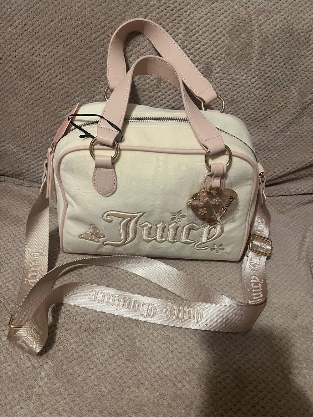 Juicy Couture Cream and Blush Pink Embroidered Logo Satchel